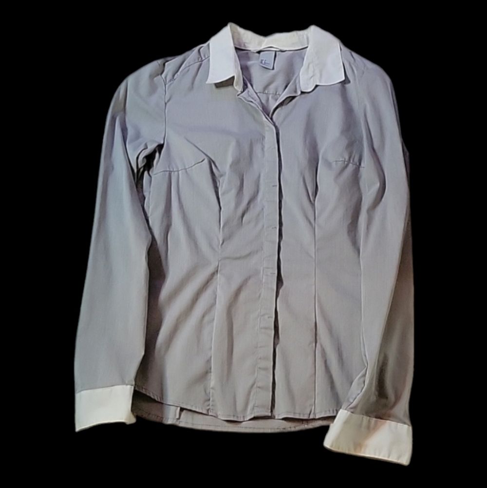 Women's H&M Button-Up Long Sleeved Dress Shirt, Gray with White Cuffs, Size 2